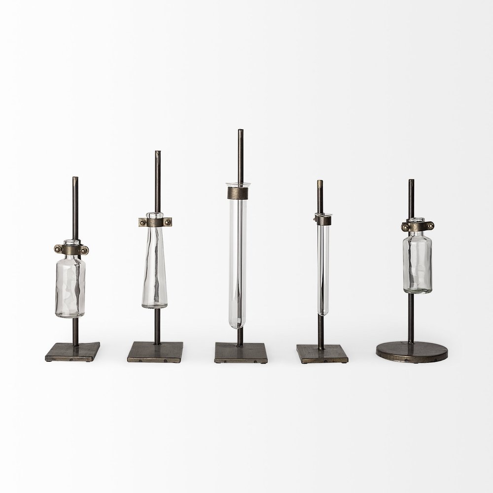 Set of Two Dark Brown Abstract Metal Cylinder Table Vases  Warm Home View