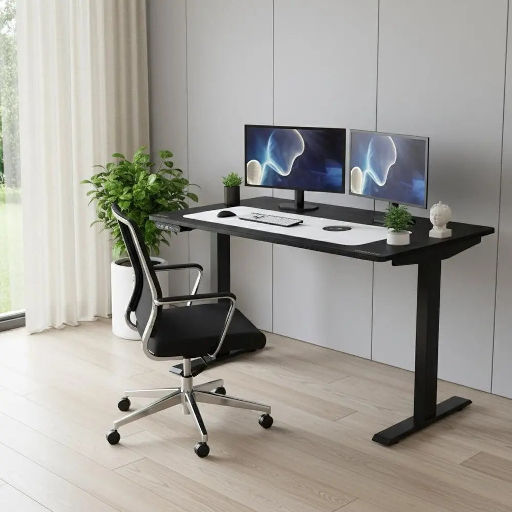 Modern 60" Adjustable Black Stainless Steel Rolling Computer Desk - Built-In Outlets  Warm Home View