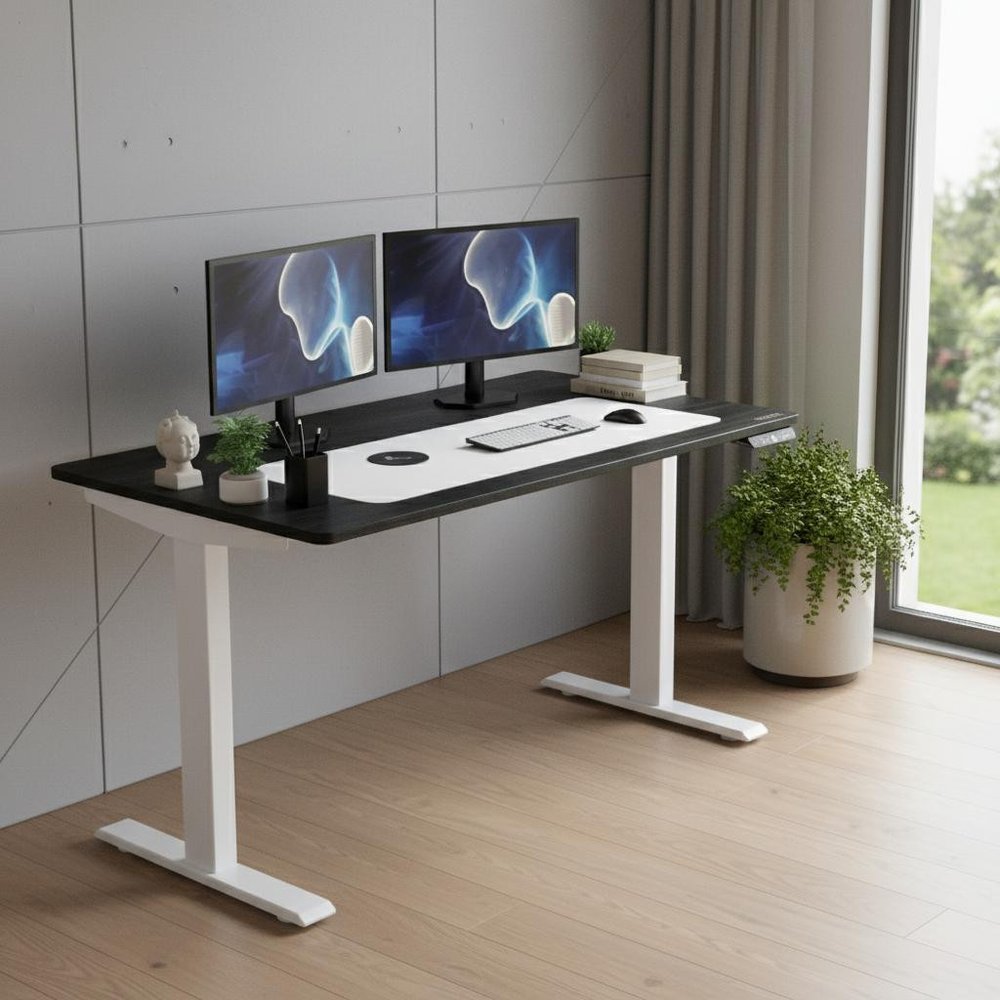 Adjustable Black and White Wood and Stainless Steel Rolling Computer Desk  Warm Home View