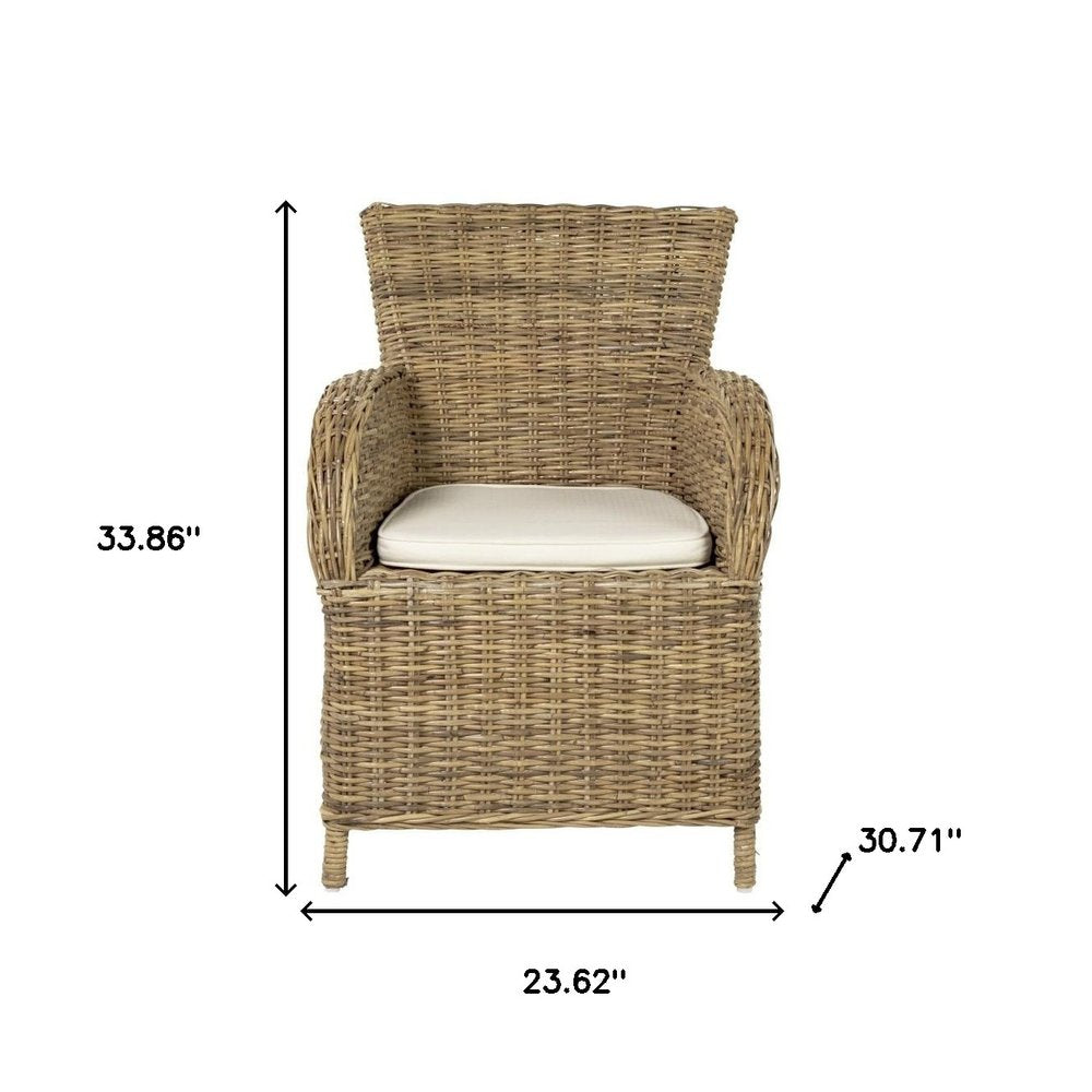 Set of Two Tan Textured Outdoor Dining Chairs with Beige Cushions  Warm Home View