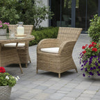 Set of Two Tan Textured Outdoor Dining Chairs with Beige Cushions  Warm Home View
