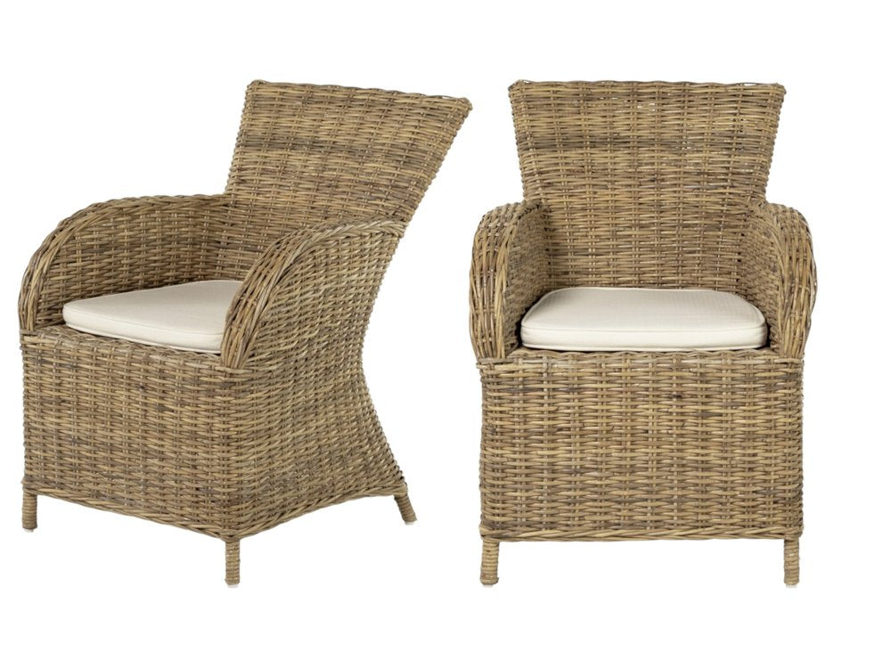 Set of Two Tan Textured Outdoor Dining Chairs with Beige Cushions  Warm Home View