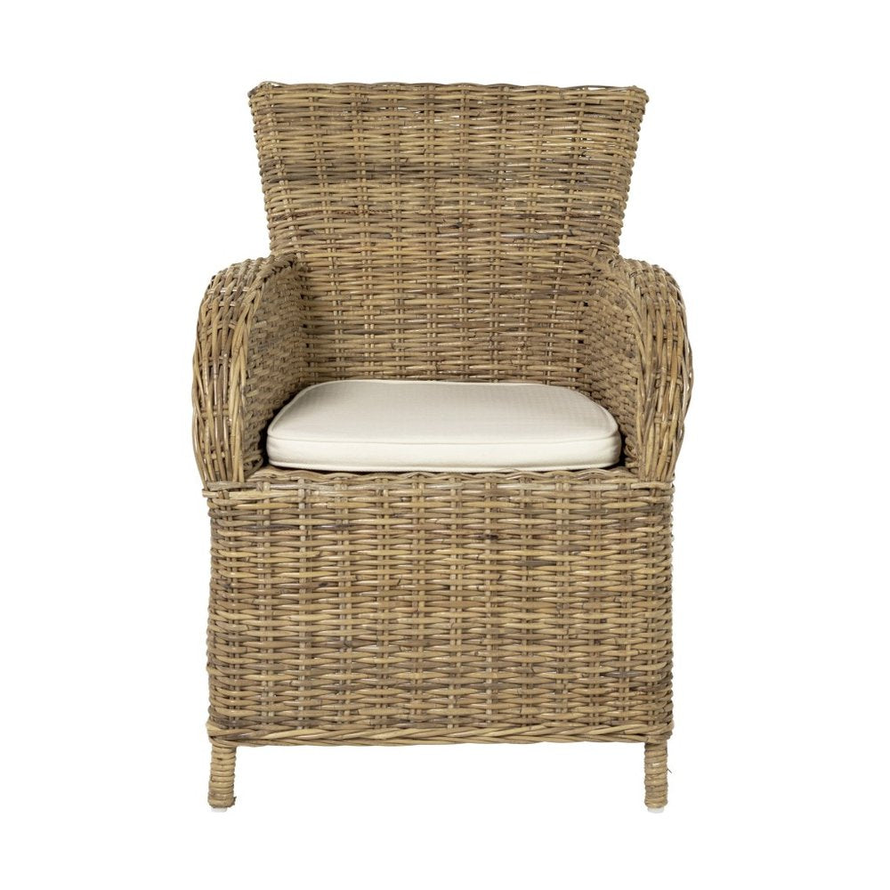 Set of Two Tan Textured Outdoor Dining Chairs with Beige Cushions  Warm Home View