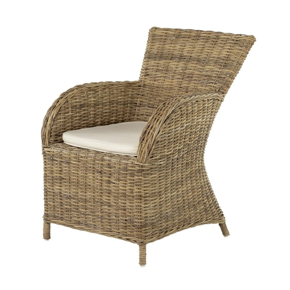 Set of Two Tan Textured Outdoor Dining Chairs with Beige Cushions  Warm Home View