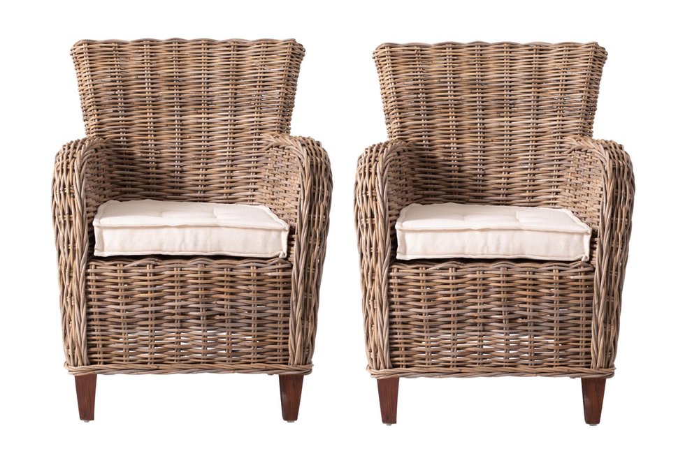 Set of Two Cream And Natural Woven Rattan Outdoor Dining Chairs with Cream Cushion  Warm Home View