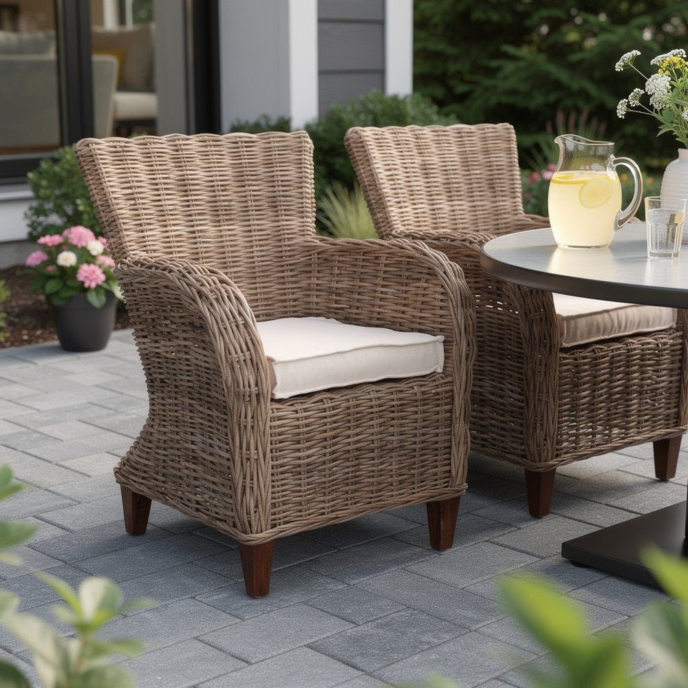 Set of Two Cream And Natural Woven Rattan Outdoor Dining Chairs with Cream Cushion  Warm Home View