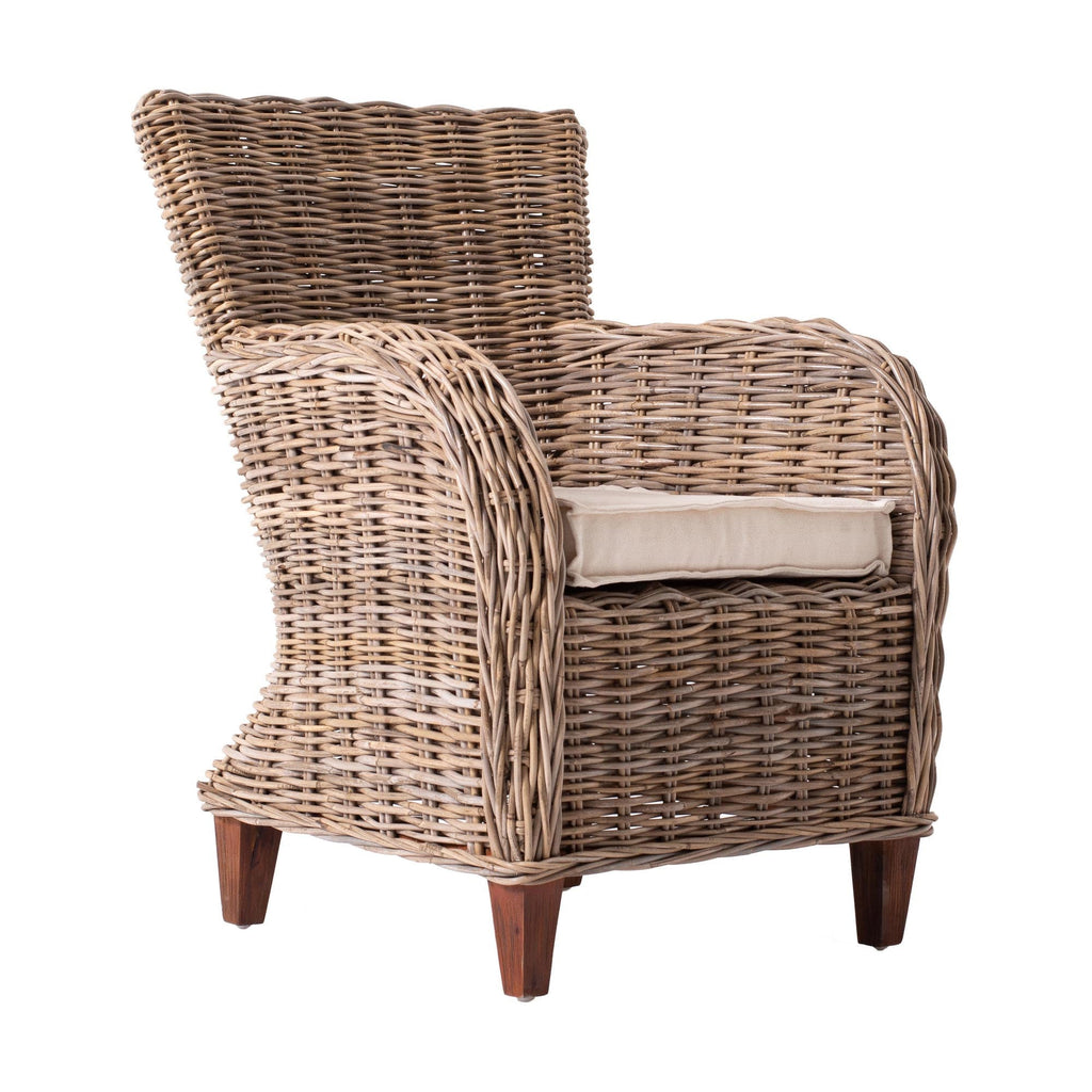 Set of Two Cream And Natural Woven Rattan Outdoor Dining Chairs with Cream Cushion  Warm Home View