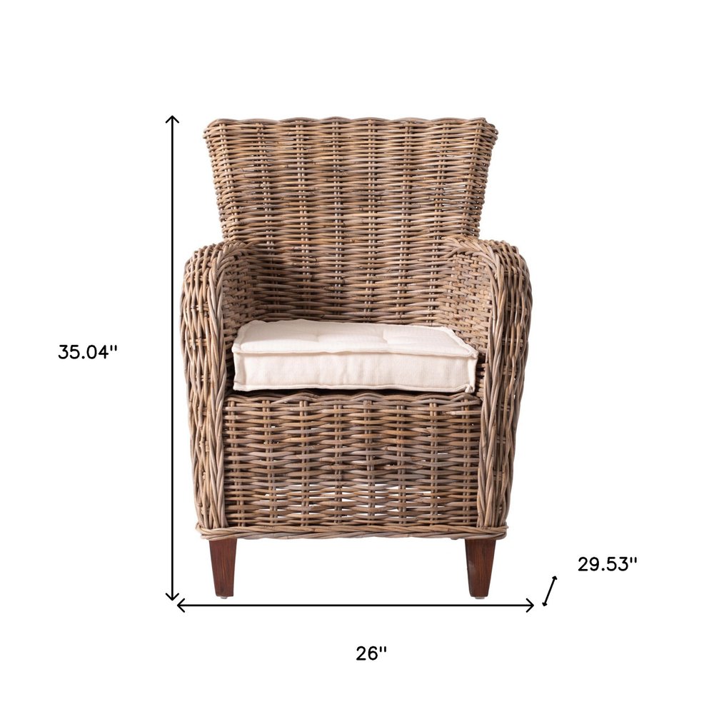 Set of Two Cream And Natural Woven Rattan Outdoor Dining Chairs with Cream Cushion  Warm Home View