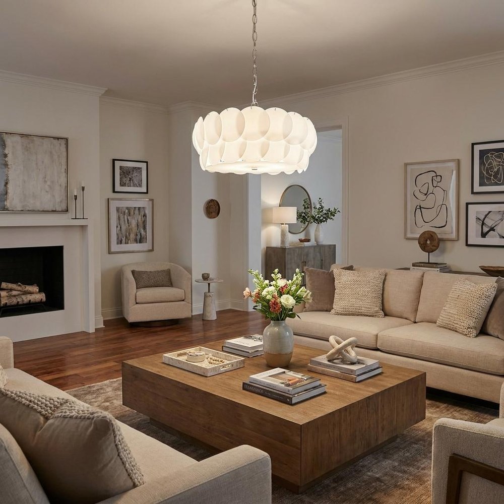 Selene 6-Light Polished Chrome Pendant With Overlapping Frosted White Glass Discs Shade  Warm Home View