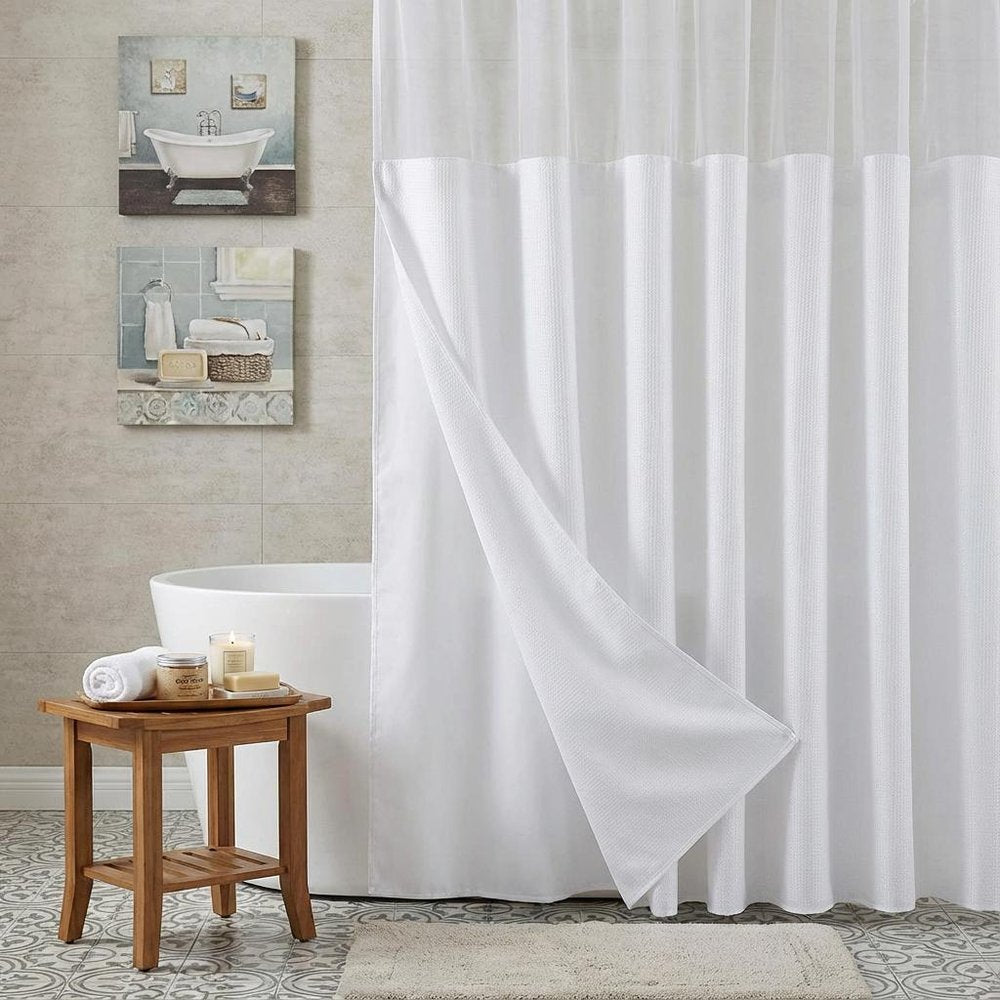 White Sheer and Grid Shower Curtain and Liner Set  Warm Home View