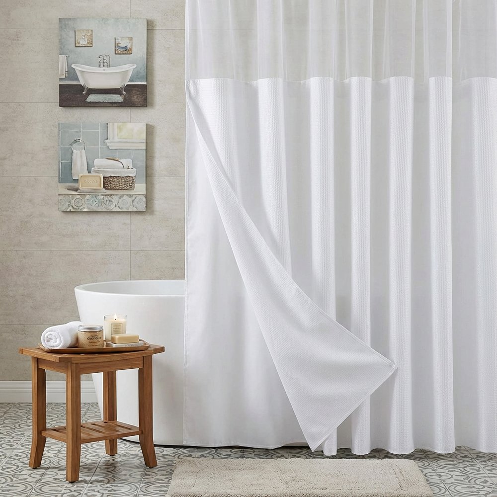 White Sheer and Grid Shower Curtain and Liner Set  Warm Home View
