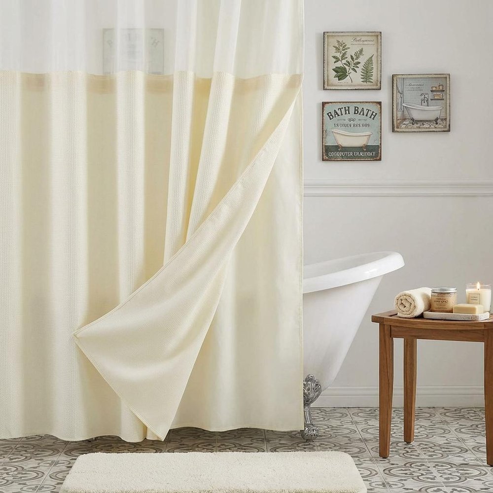 Ivory Sheer and Grid Shower Curtain and Liner Set  Warm Home View
