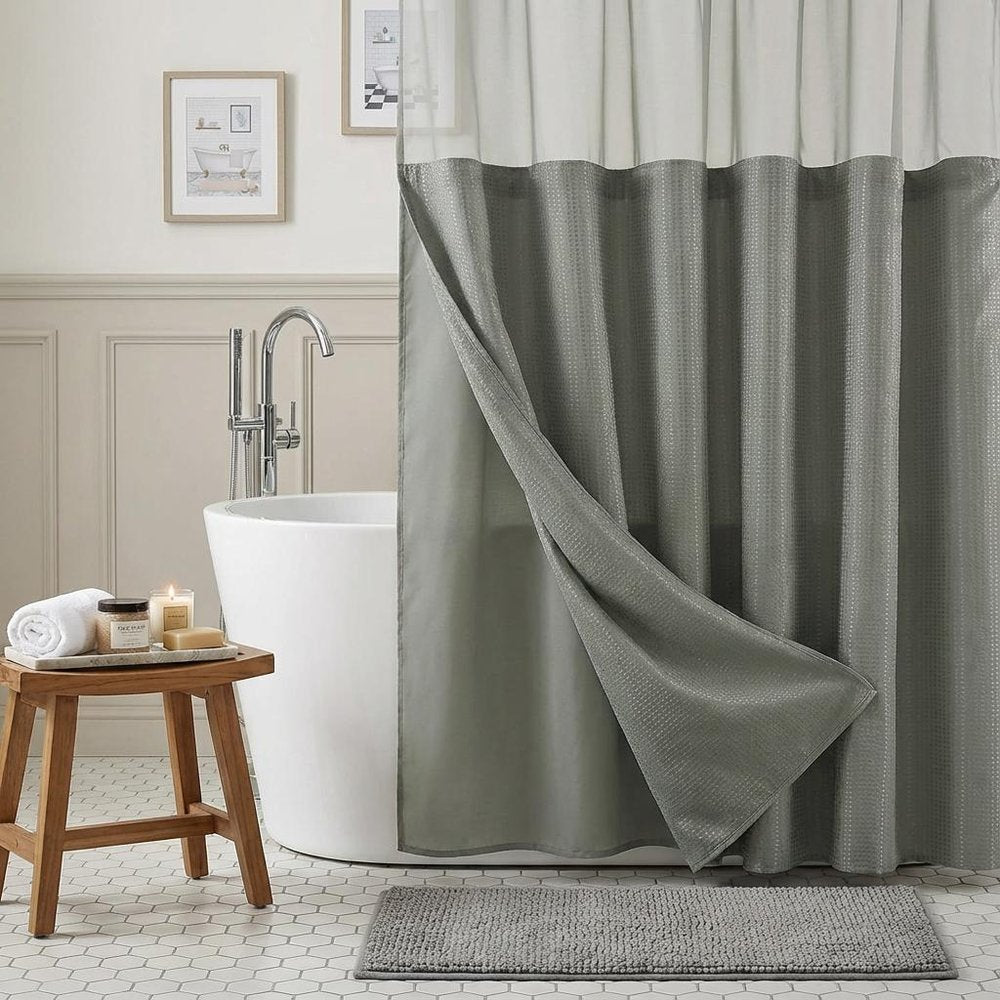 Gray Sheer and Grid Shower Curtain and Liner Set  Warm Home View