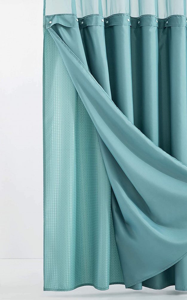 Teal Sheer and Grid Shower Curtain and Liner Set  Warm Home View
