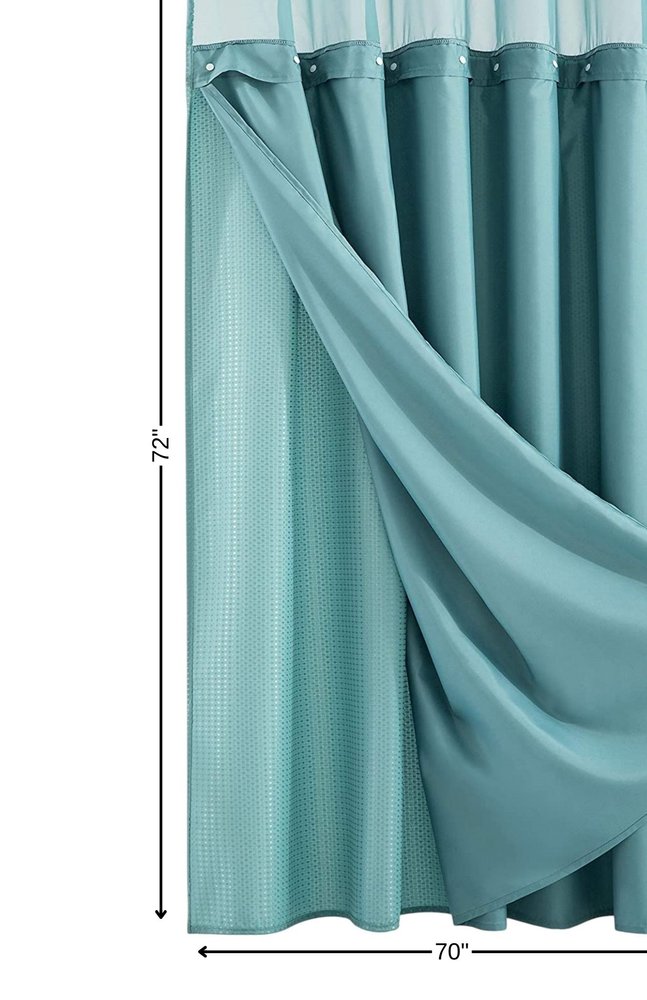 Teal Sheer and Grid Shower Curtain and Liner Set  Warm Home View