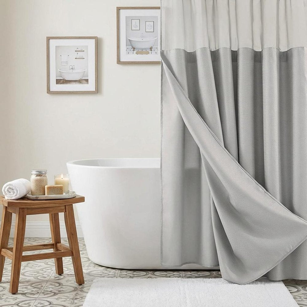 Silver Modern Grid Shower Curtain and Liner Set  Warm Home View