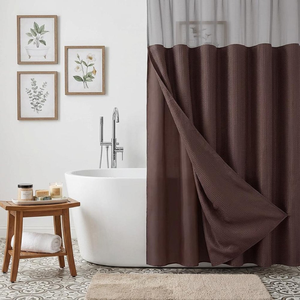 Brown Modern Grid Shower Curtain and Liner Set  Warm Home View