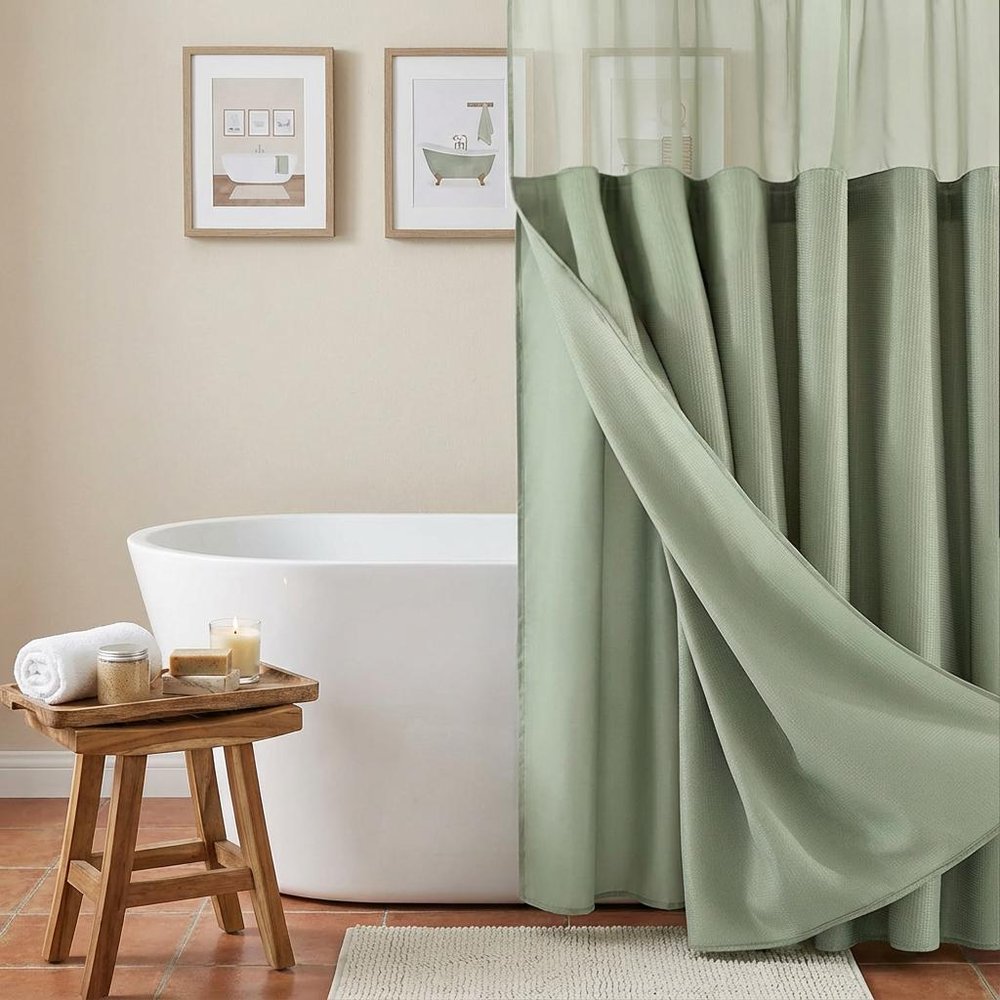 Sage Green Modern Grid Shower Curtain and Liner Set  Warm Home View