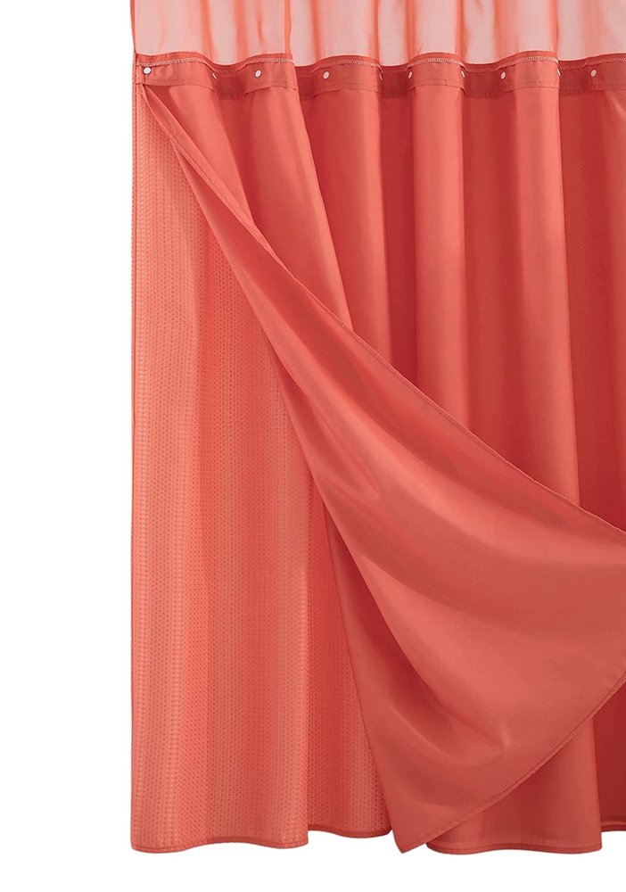 Coral Sheer and Grid Shower Curtain and Liner Set  Warm Home View