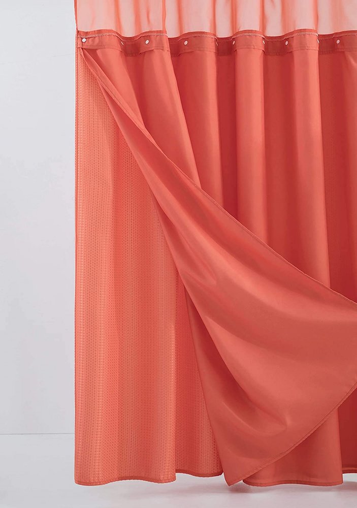 Coral Sheer and Grid Shower Curtain and Liner Set  Warm Home View