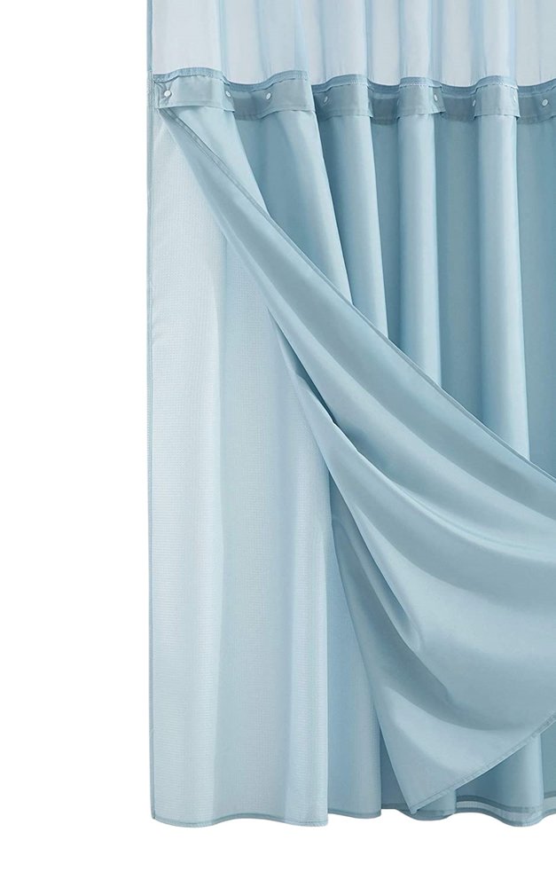 Light Blue Sheer and Grid Shower Curtain and Liner Set  Warm Home View