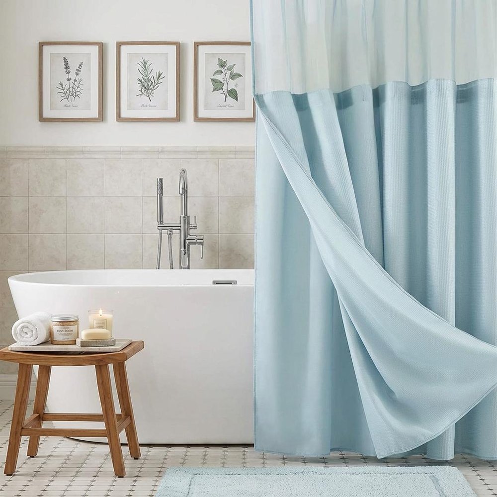 Light Blue Sheer and Grid Shower Curtain and Liner Set  Warm Home View