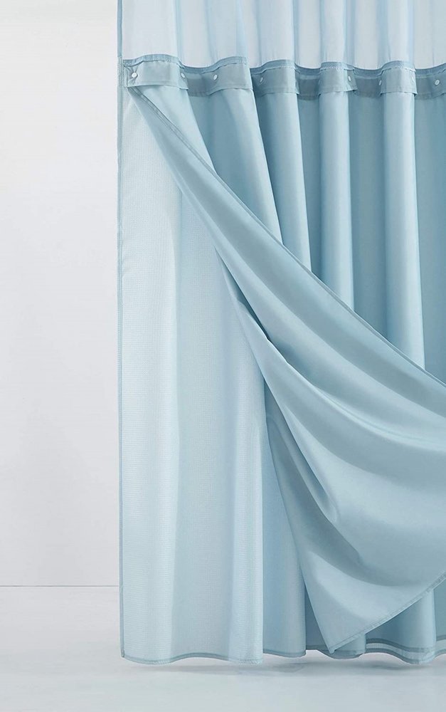 Light Blue Sheer and Grid Shower Curtain and Liner Set  Warm Home View