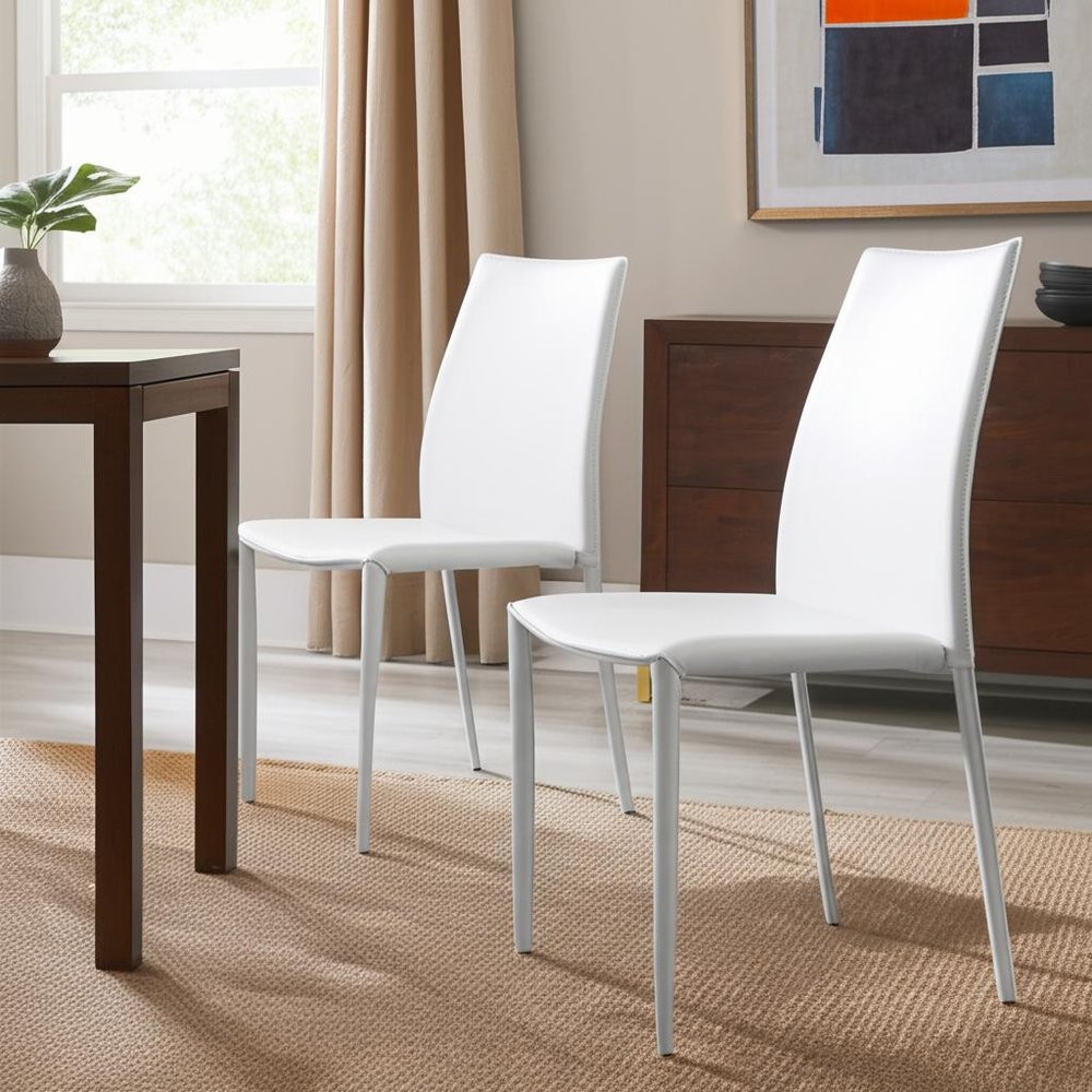 Set of Two White Upholstered Leather Dining Side Chairs  Warm Home View