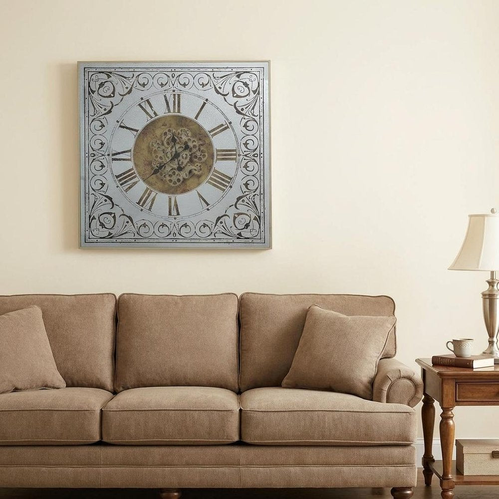 32" Gold And Silver Metal Analog Distressed Square Wall Clock  Warm Home View