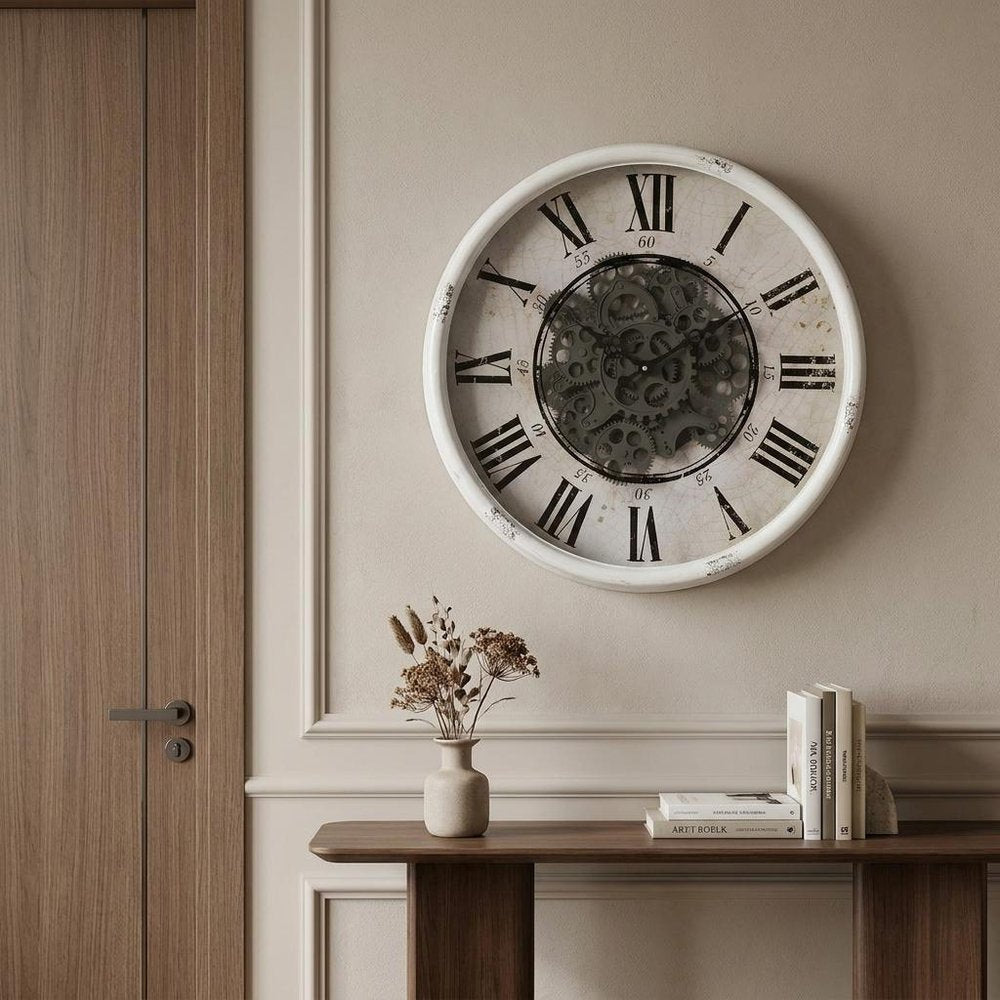 20" White And Black Iron Analog Distressed Round Wall Clock  Warm Home View