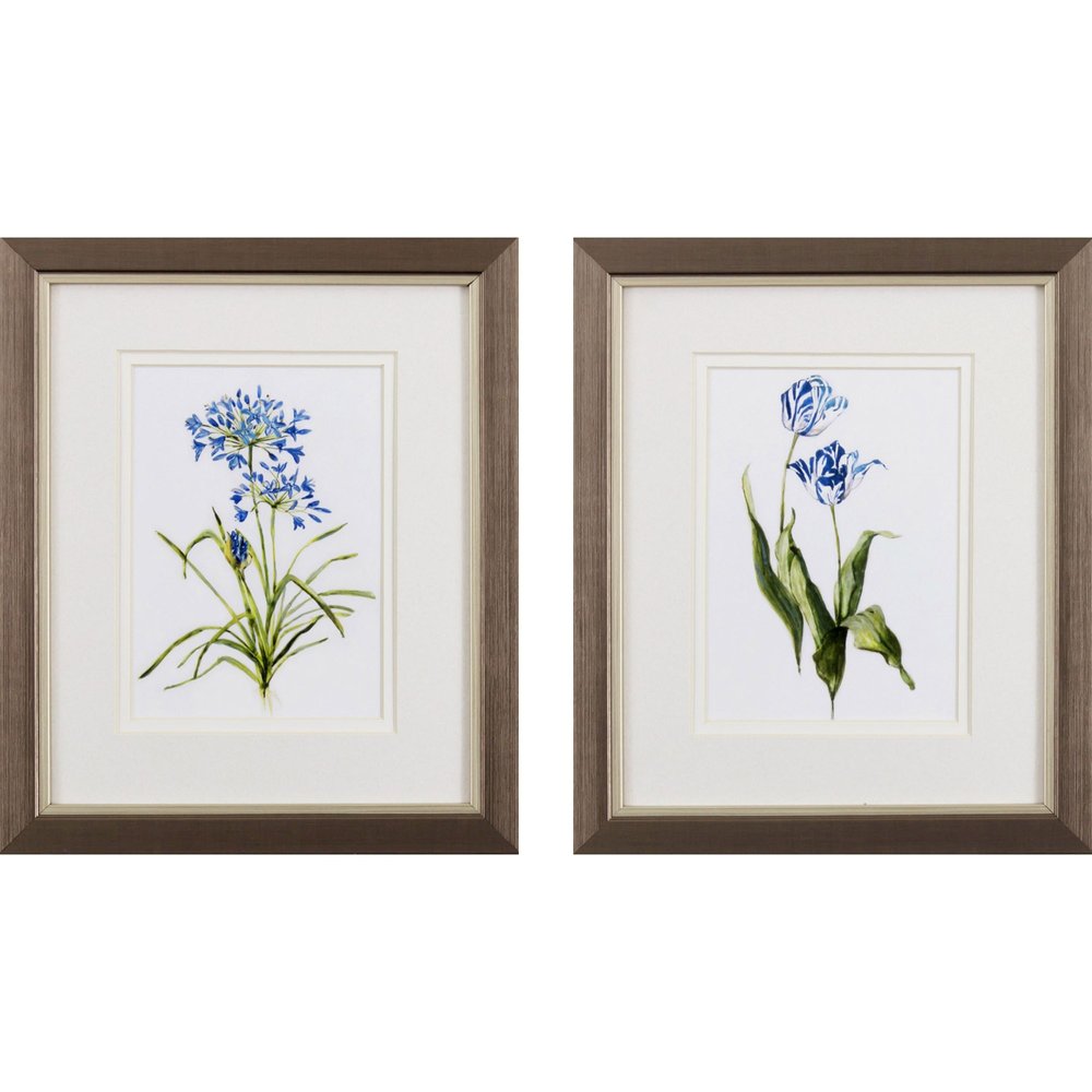 Set of Two Watercolor Dark Blue Flowers Wall Art  Warm Home View