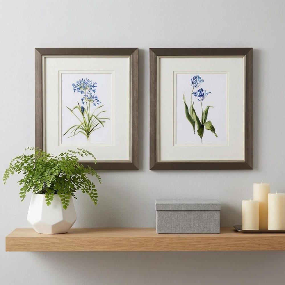 Set of Two Watercolor Dark Blue Flowers Wall Art  Warm Home View