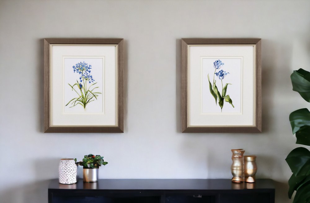 Set of Two Watercolor Dark Blue Flowers Wall Art  Warm Home View