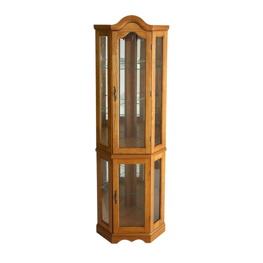 Golden Oak Scallop Top Lighted Corner Curio Cabinet  Warm Home View
