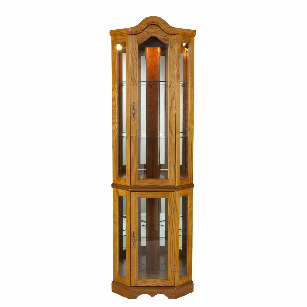 Golden Oak Scallop Top Lighted Corner Curio Cabinet  Warm Home View