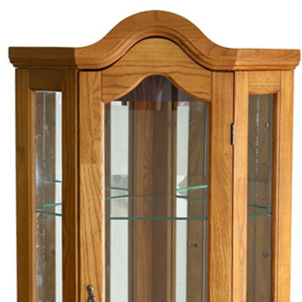 Golden Oak Scallop Top Lighted Corner Curio Cabinet  Warm Home View