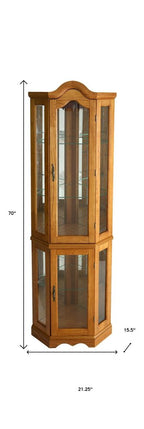 Golden Oak Scallop Top Lighted Corner Curio Cabinet  Warm Home View