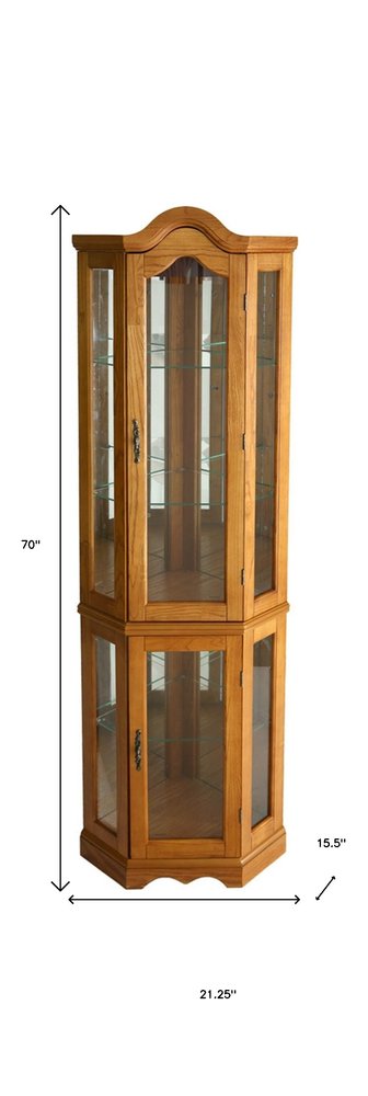 Golden Oak Scallop Top Lighted Corner Curio Cabinet  Warm Home View