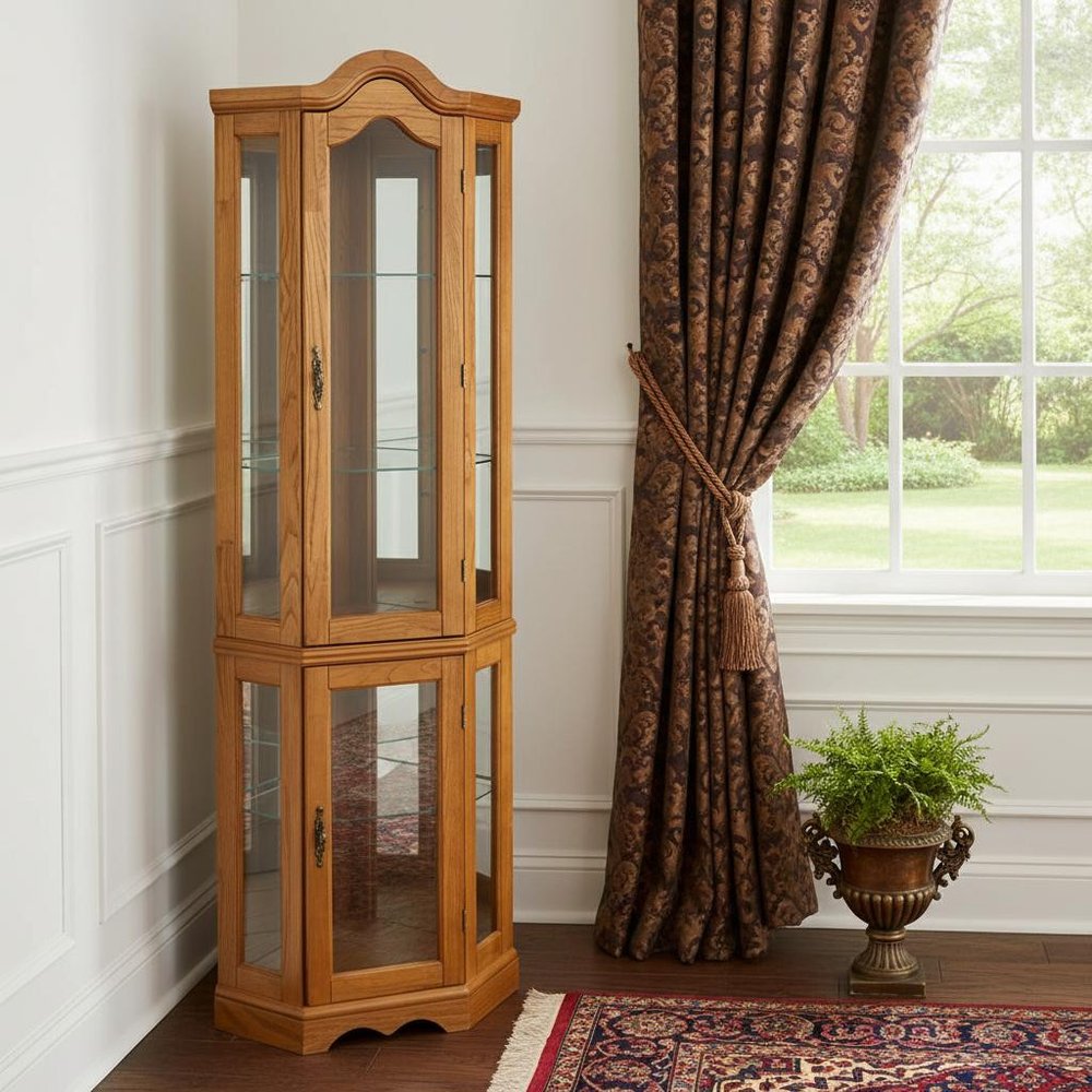 Golden Oak Scallop Top Lighted Corner Curio Cabinet  Warm Home View