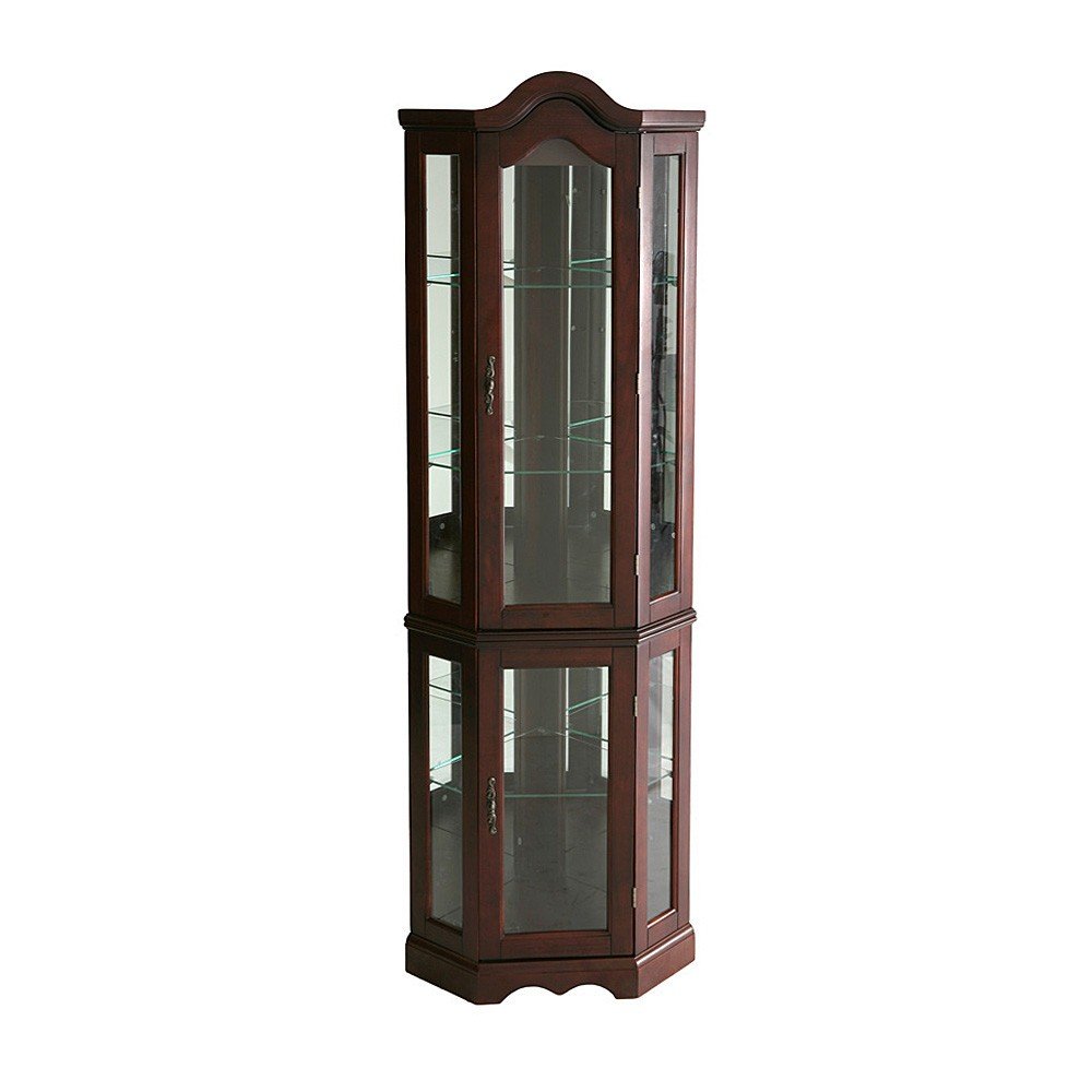 Mahogany Scallop Top Lighted Corner Curio Cabinet  Warm Home View