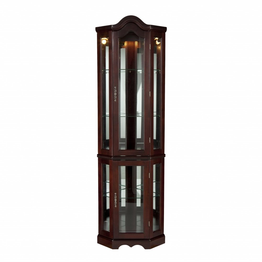Mahogany Scallop Top Lighted Corner Curio Cabinet  Warm Home View