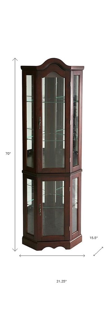Mahogany Scallop Top Lighted Corner Curio Cabinet  Warm Home View
