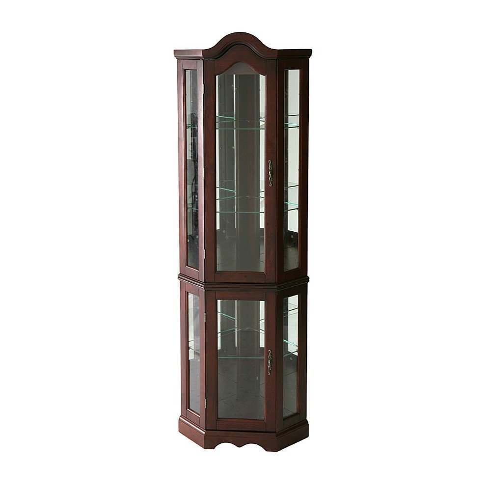 Mahogany Scallop Top Lighted Corner Curio Cabinet  Warm Home View