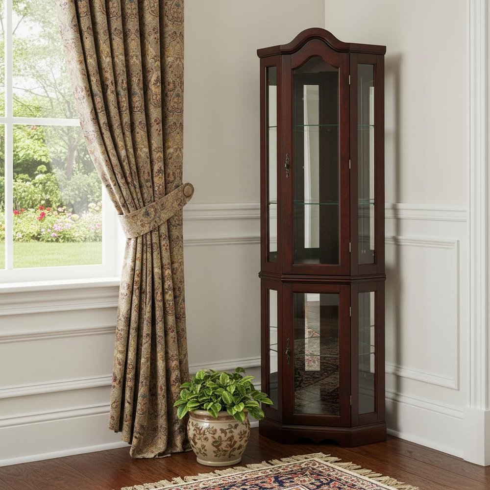 Mahogany Scallop Top Lighted Corner Curio Cabinet  Warm Home View