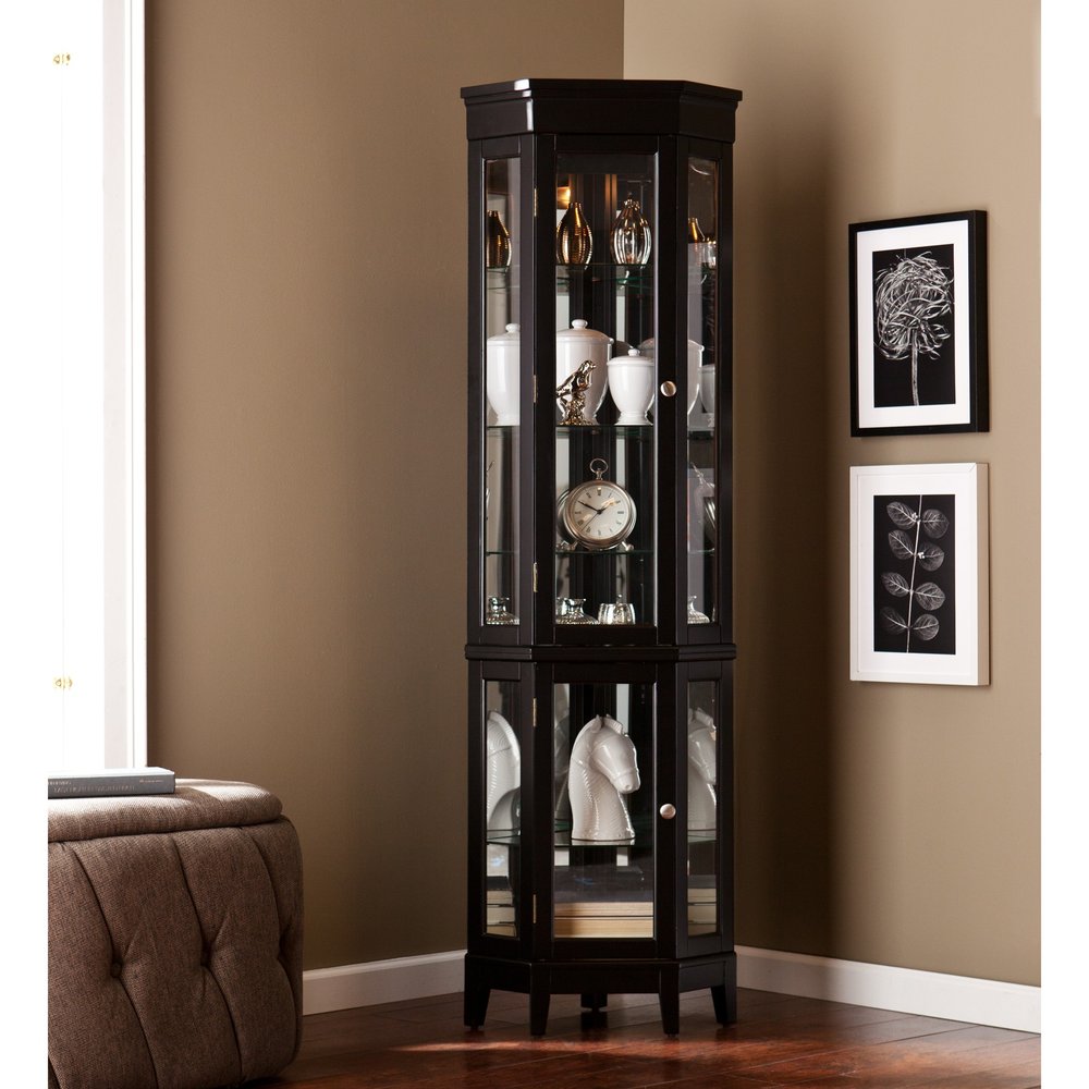 Elegant Black Lighted Curio Cabinet  Warm Home View