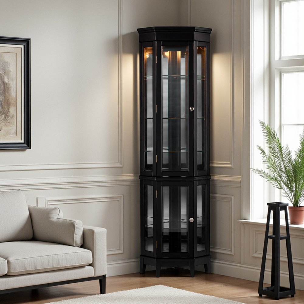 Elegant Black Lighted Curio Cabinet  Warm Home View