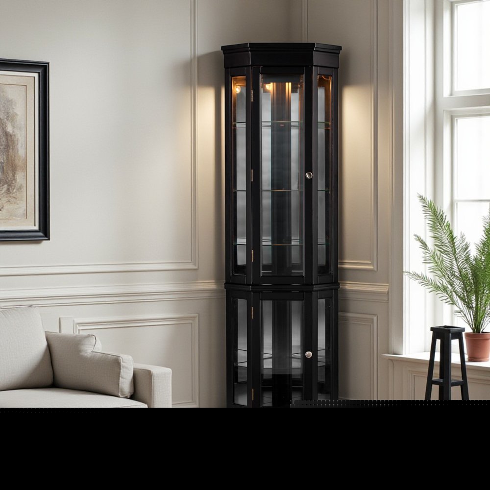 Elegant Black Lighted Curio Cabinet  Warm Home View