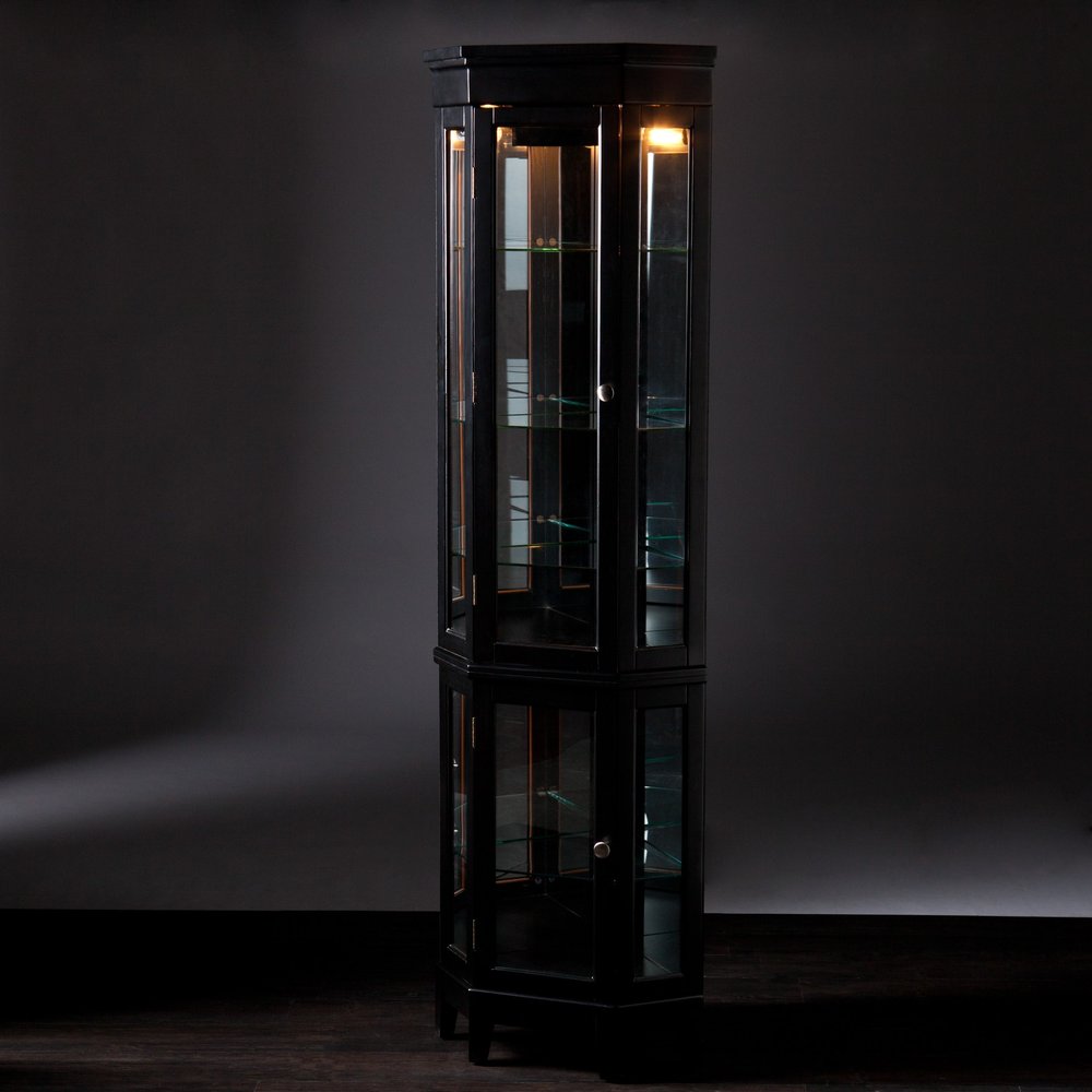 Elegant Black Lighted Curio Cabinet  Warm Home View