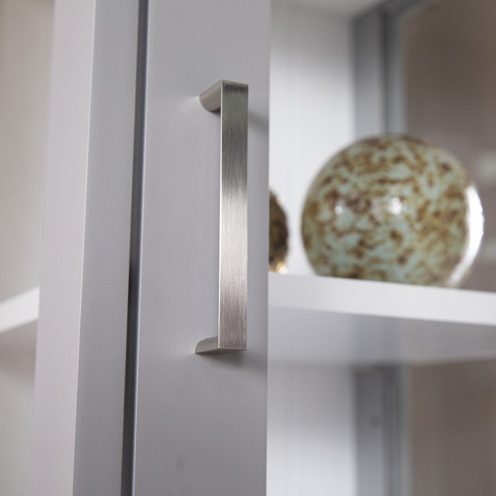 Gray Cornice Molding Curio with Glass Door  Warm Home View