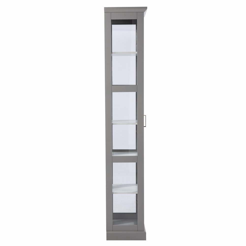 Gray Cornice Molding Curio with Glass Door  Warm Home View